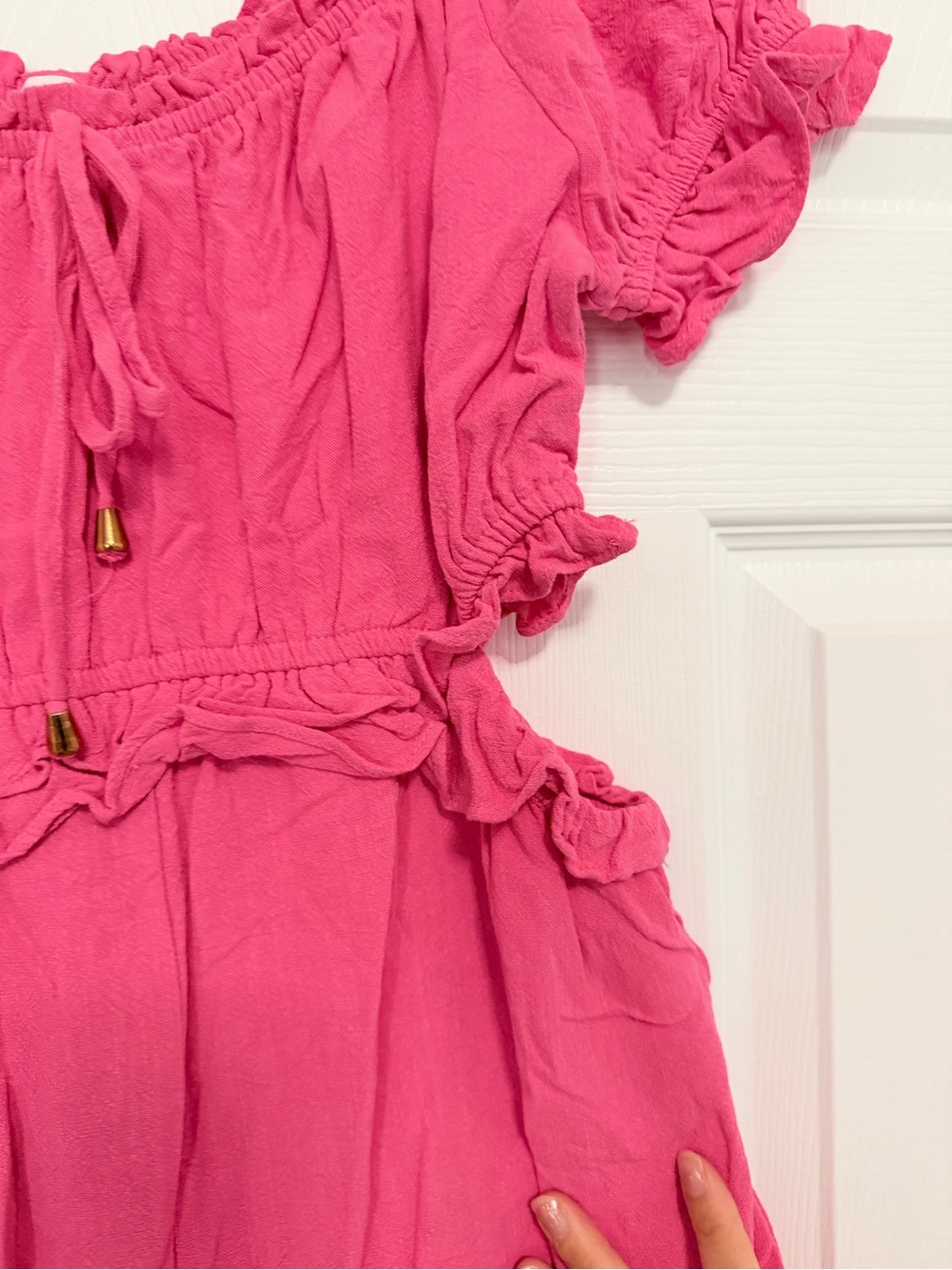 Bright Pink Off-Shoulder Ruffle Romper - Picture 3 of 5